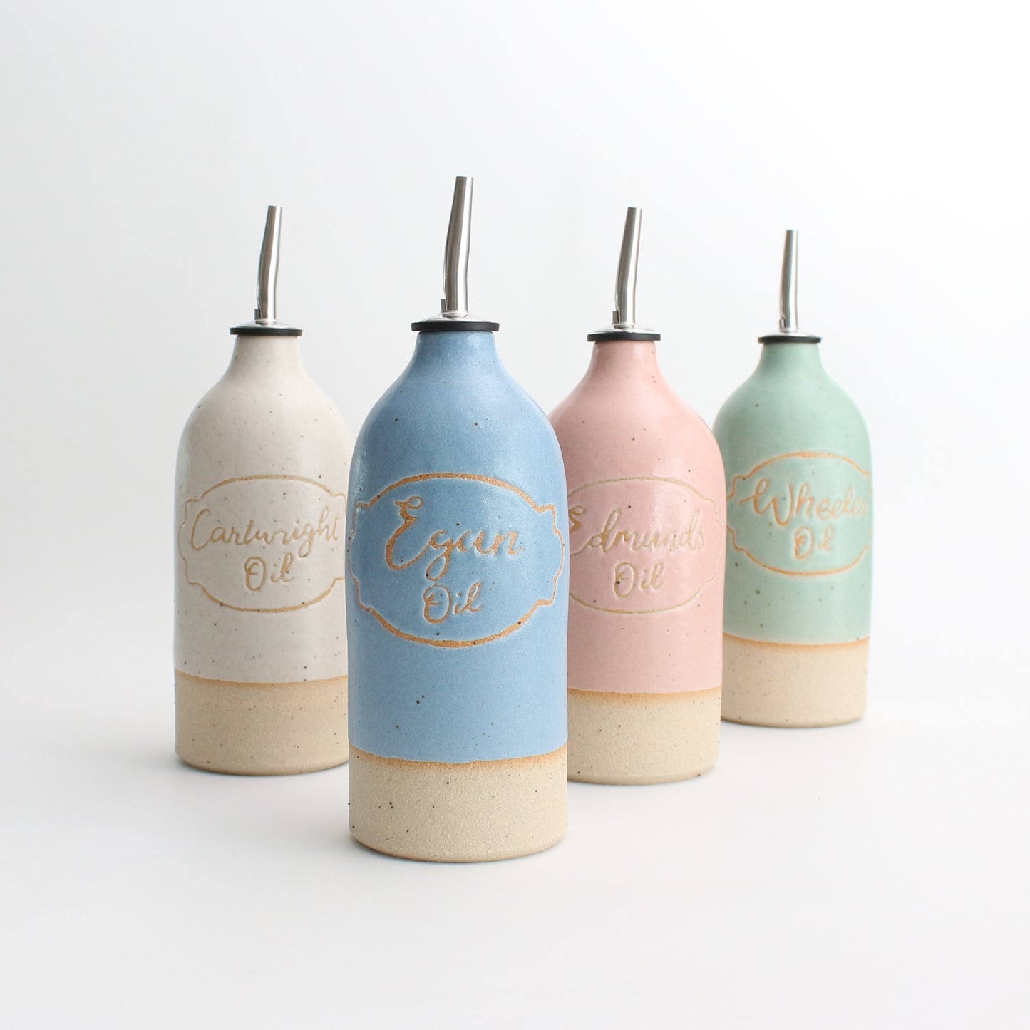 Personalised example large oil pourer bottles in different pastel colours