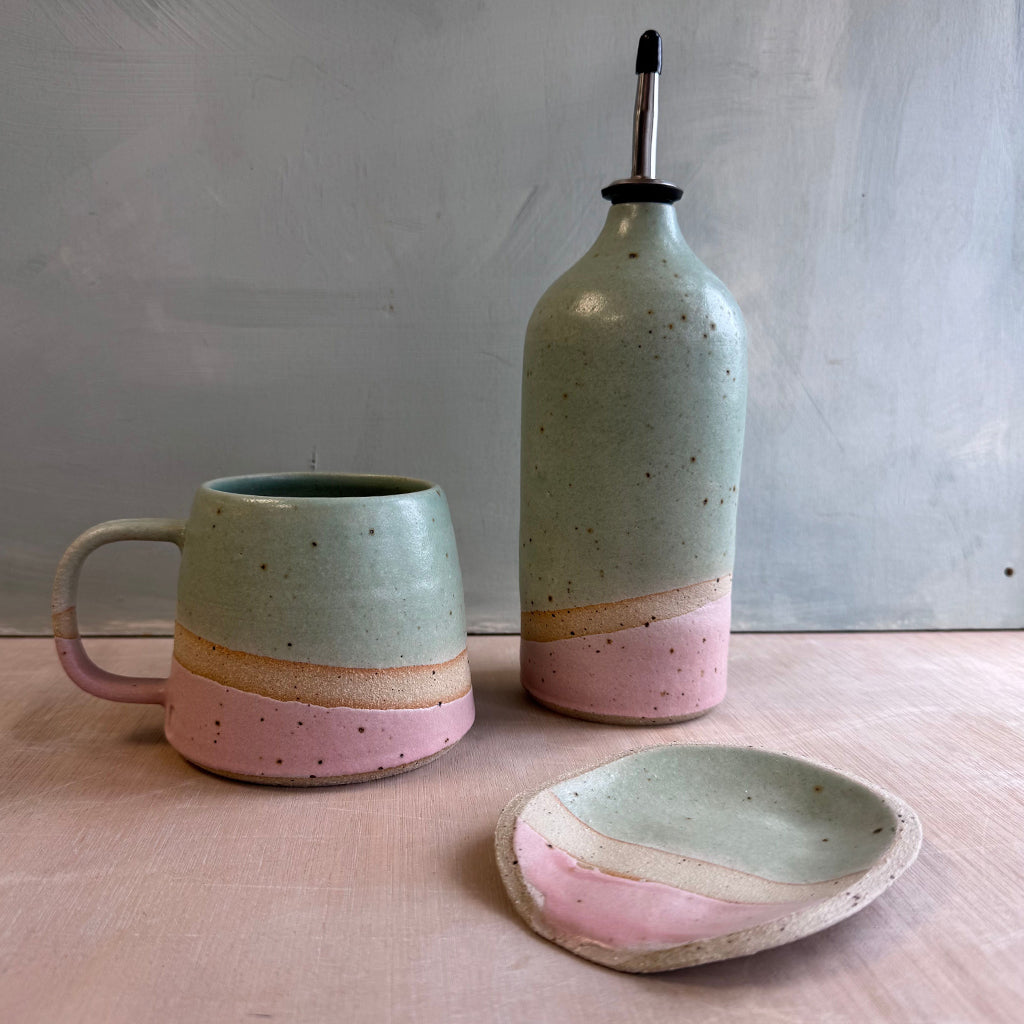 Seconds Set - Large Oil Pourer, Mug and Spoon Rest (Worth £88) 'Cotton Candy' Glaze