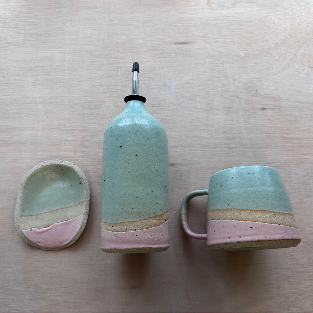 Seconds Set - Large Oil Pourer, Mug and Spoon Rest (Worth £88) 'Cotton Candy' Glaze