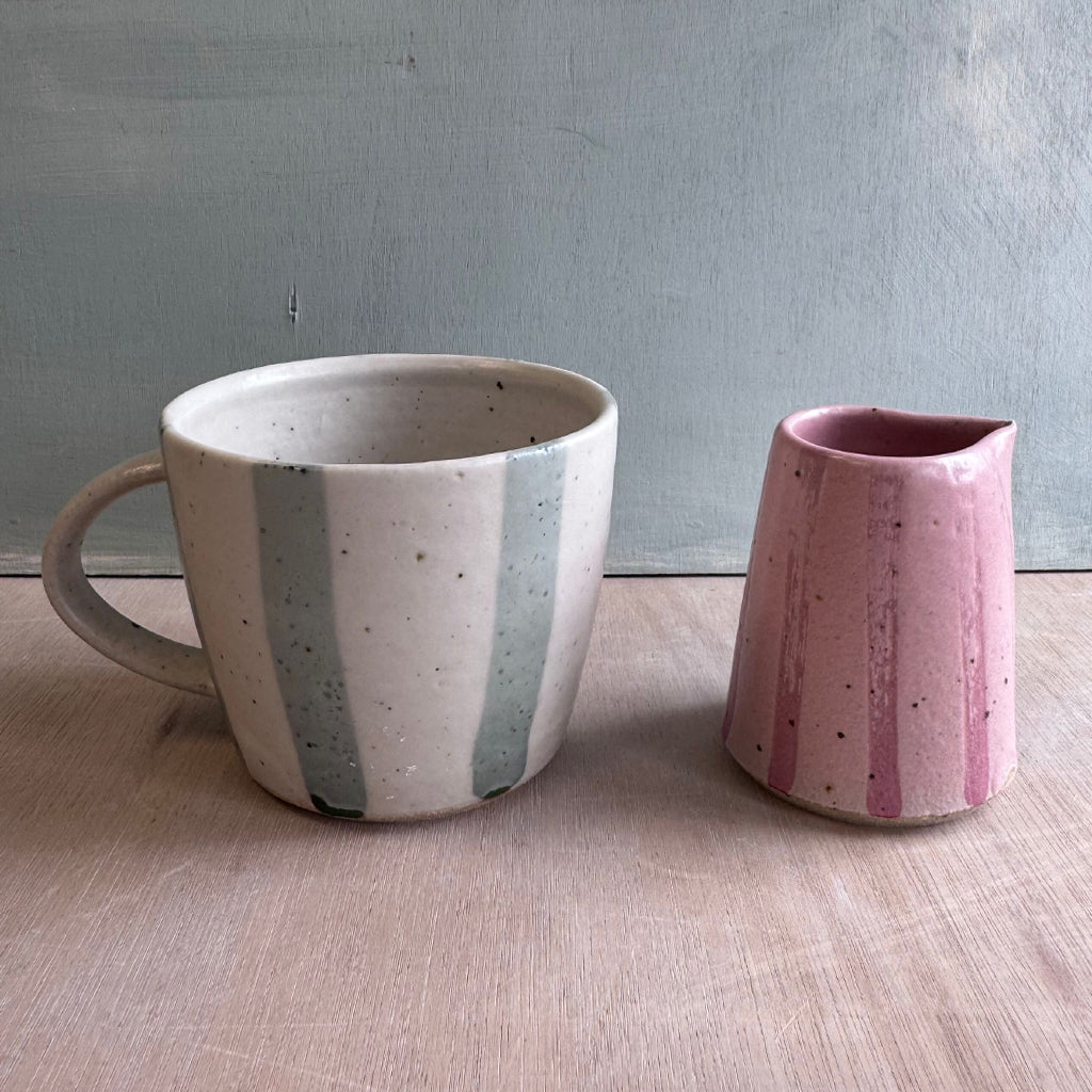 Sample Pieces - White and Blue Striped Mug with Pink Striped Jug Set (Worth around £50)