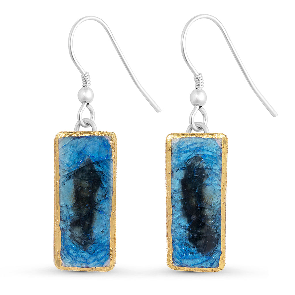 Blue reef glass rectangular sterling silver drop earrings outlined in gold lustre