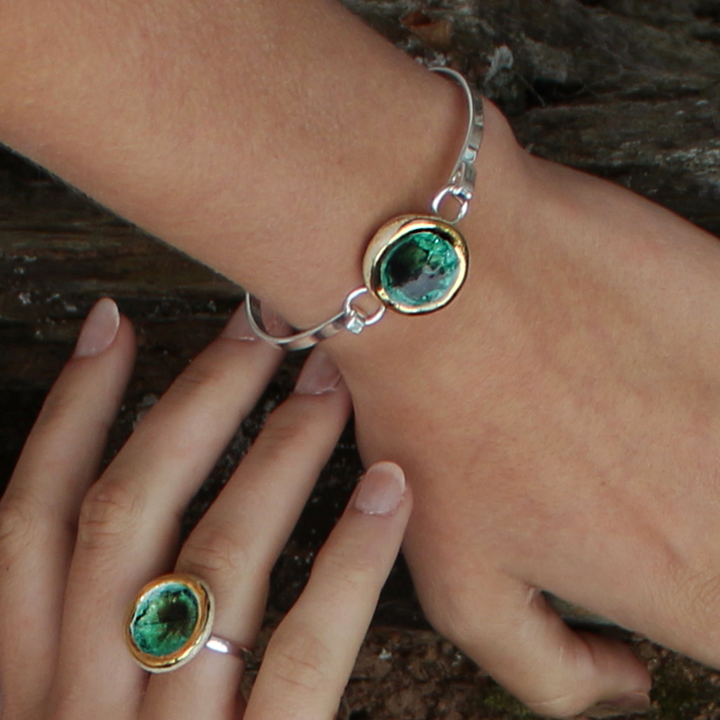 Green Reef silver plated bangle and ring with gold detailing - Habulous