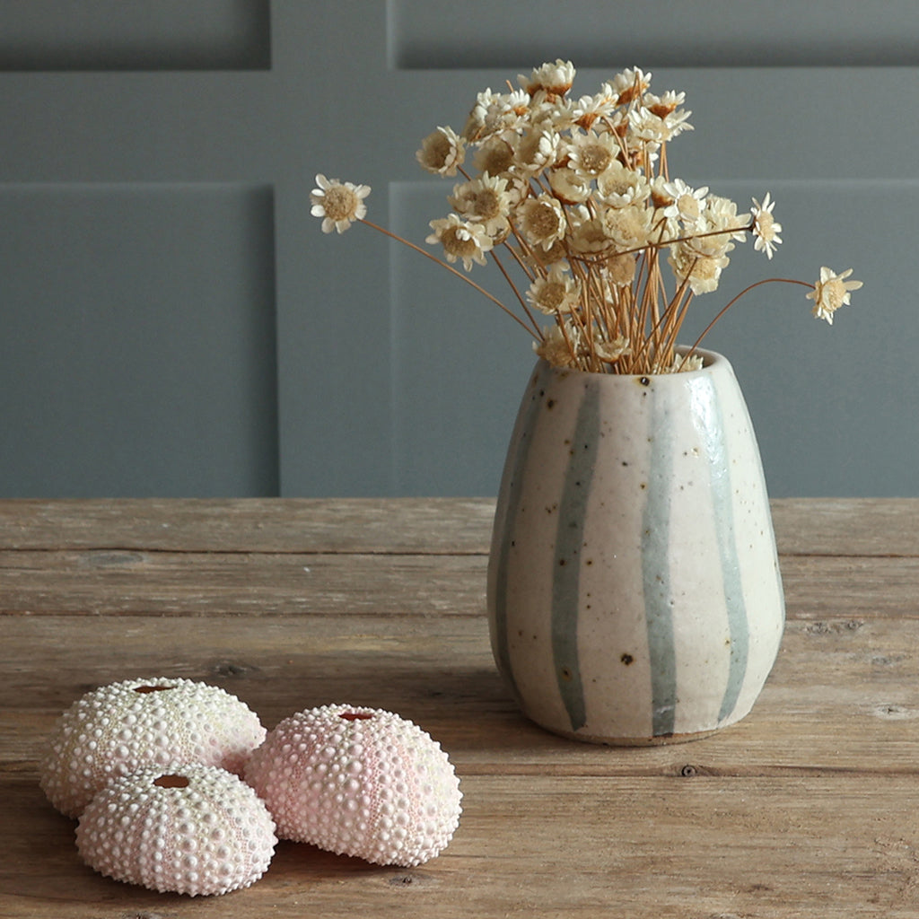 A handmade ceramic vase with blue and white stripes, filled with dried flowers, sits on a rustic wooden table. Three pale pink sea urchin shells are placed in front of it against a gray paneled wall background. 