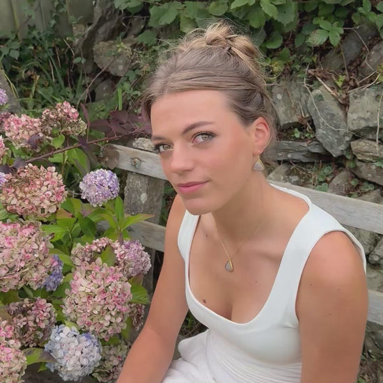 Video showing pieces of our Dawn jewellery: our teardrop pendant and earrings and our small and large ring. Each pieces features pale pink glass on a ceramic base with gold lustre detailing. 