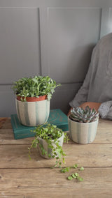 White and Blue Stripe Handmade Stoneware Plant Pot Set
