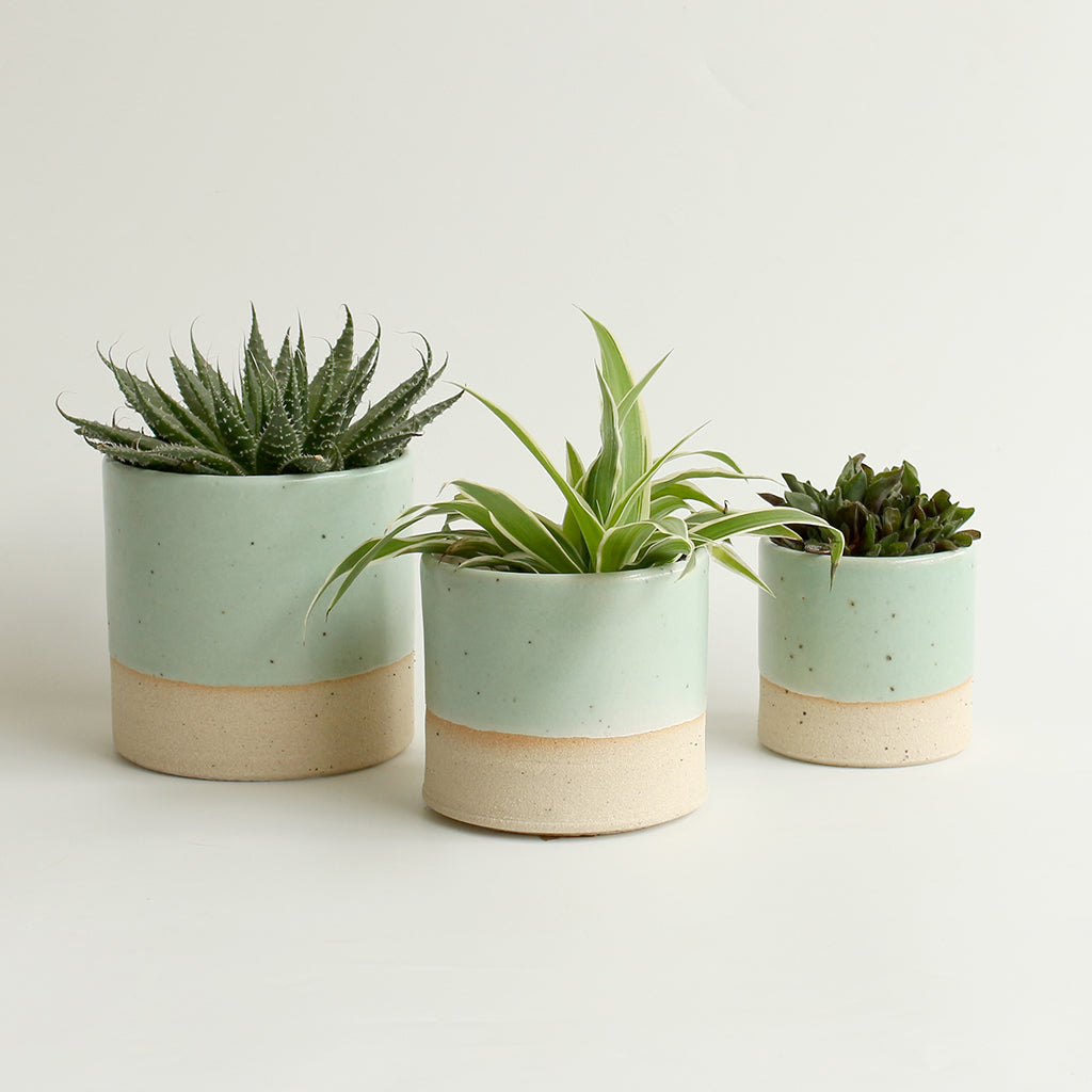 Set of 3 Green Plant Pots Stoneware - Habulous