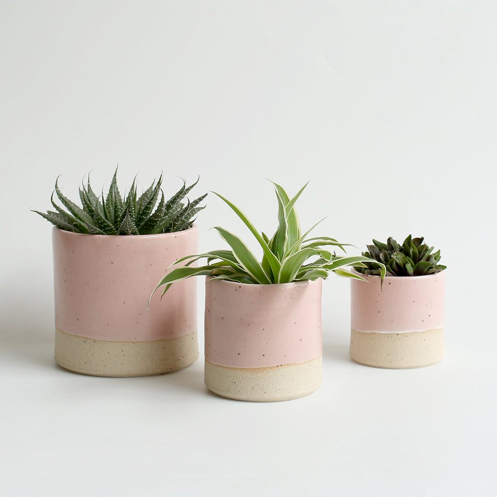 Set of 3 Pink Plant Pots Stoneware - Habulous