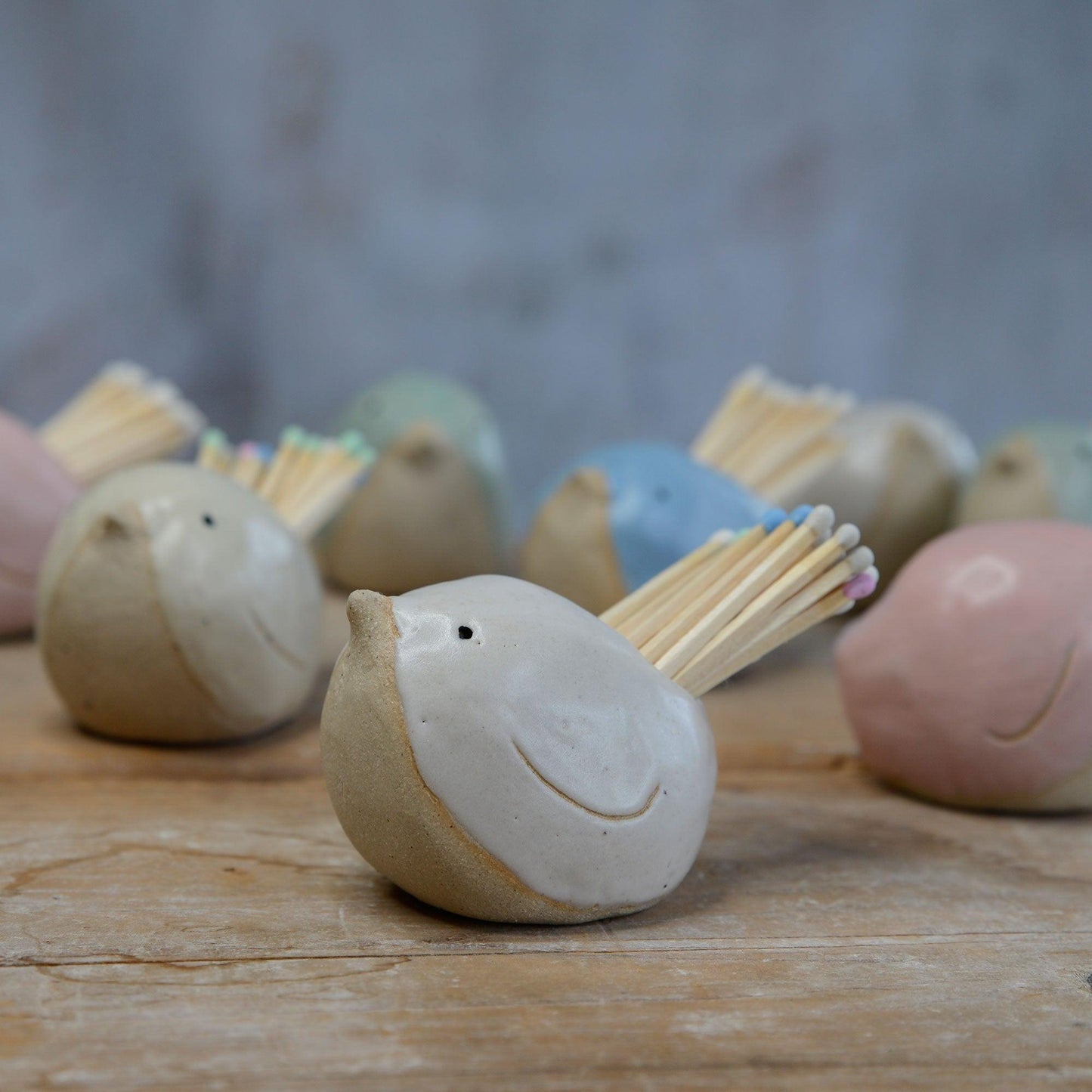 White bird with pastel matches in front of collection of pastel birds