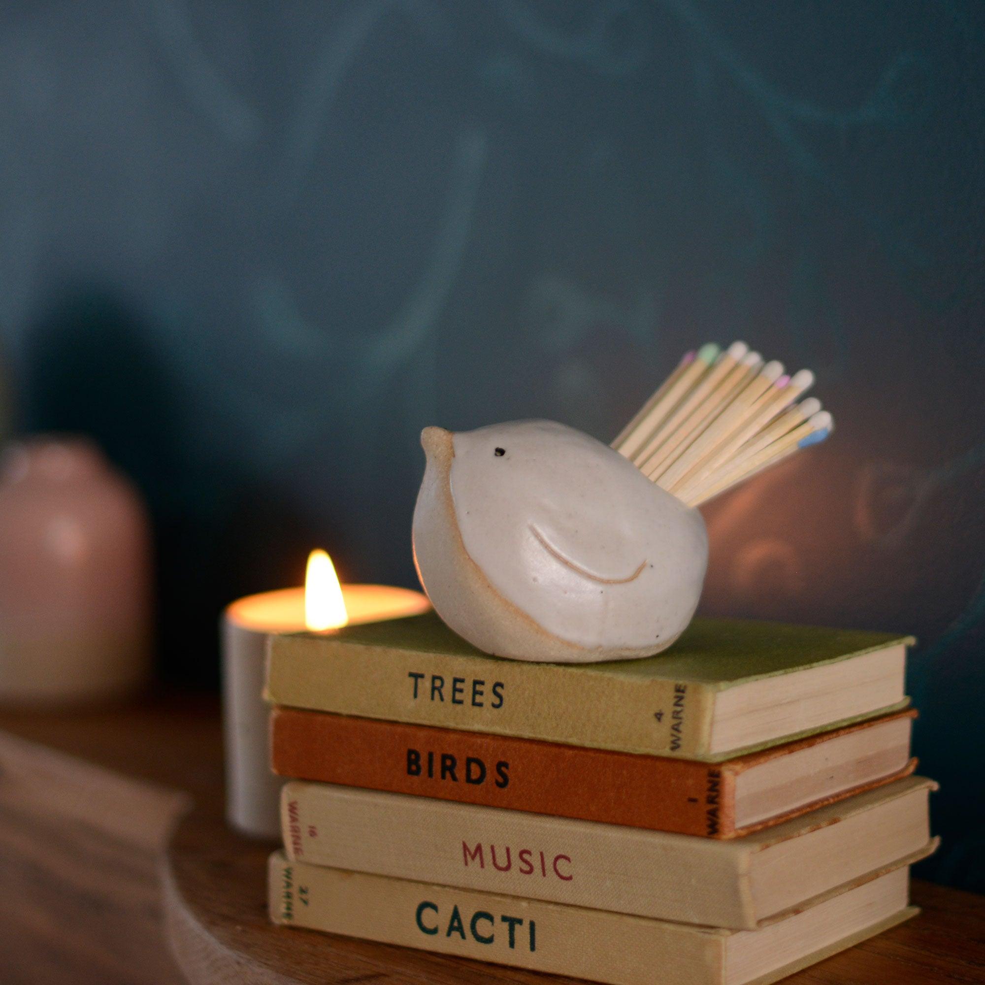 White bird pot on top of old stack of books on mantlepiece