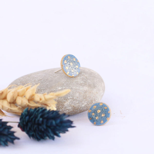 Denim Blue Gold Spotted Circle Stud Earrings - Habulous