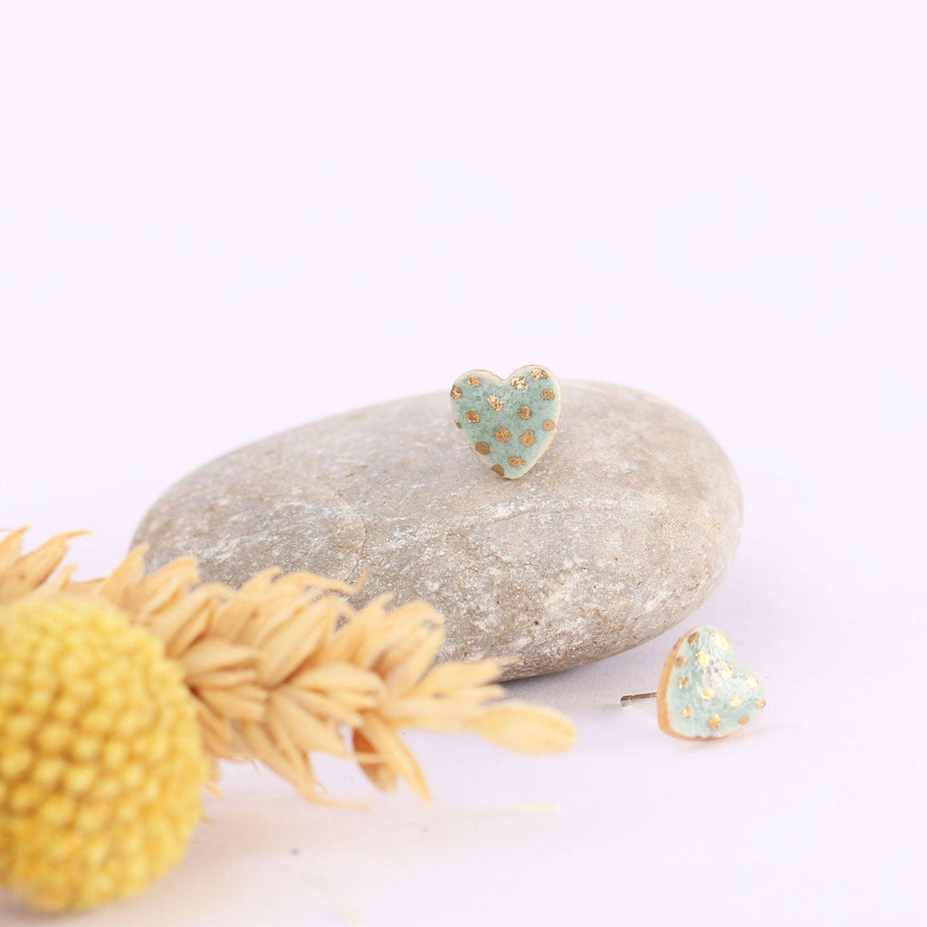 Teal Gold Spotted Heart Stud Earrings - Habulous