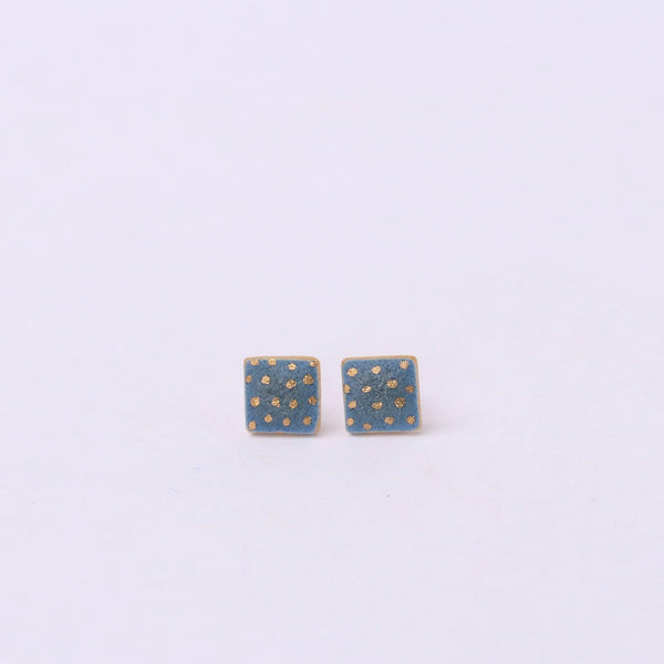 Denim Blue Gold Spotted Square Stud Earrings - Habulous