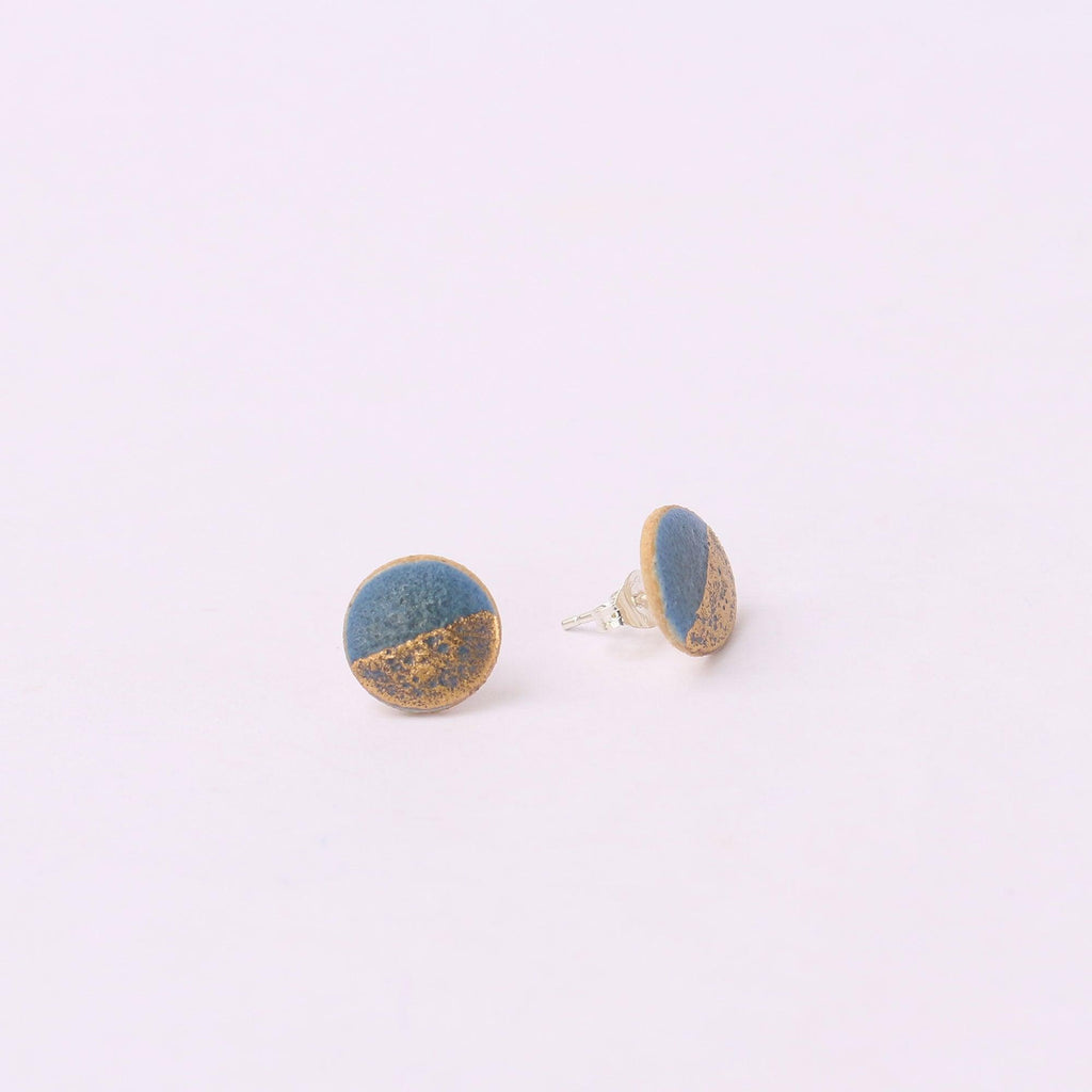 Denim Blue Gold Dip Circle Stud Earrings - Habulous
