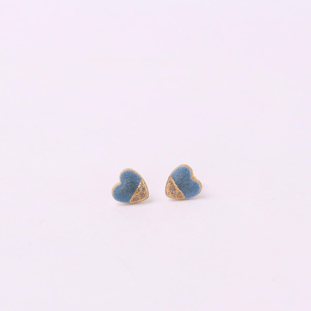 Denim Blue Gold Dip Heart Stud Earrings - Habulous