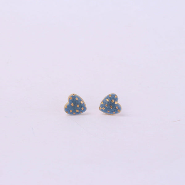 Denim Blue Gold Spotted Heart Stud Earrings - Habulous