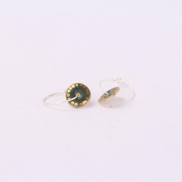 Forest Green Gold Dot Circle Silver Hoop Earrings - Habulous