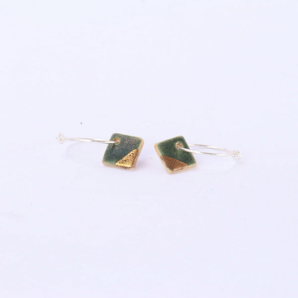 Forest Green Gold Dip Square Silver Hoop Earrings - Habulous