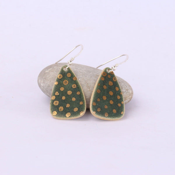 Forest Green Gold Spotted Drop Silver Earrings - Habulous