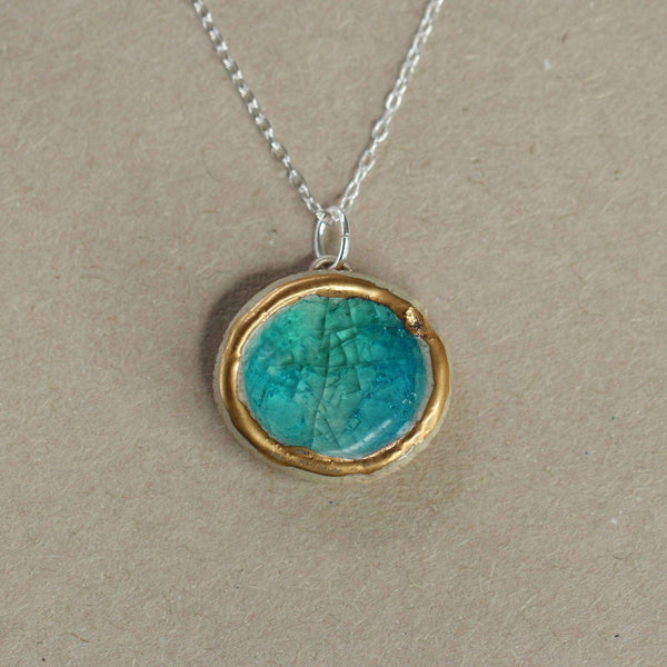 Round Emerald Turquoise Lagoon Sterling Silver Pendant Large - Habulous