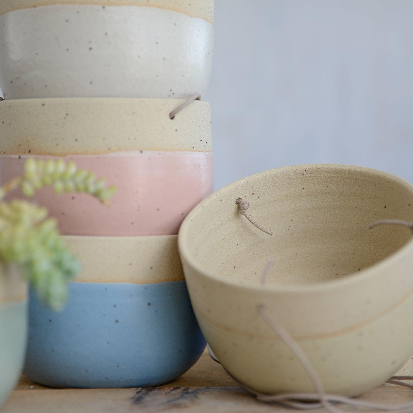 Close up of flecked stoneware and cord in planter