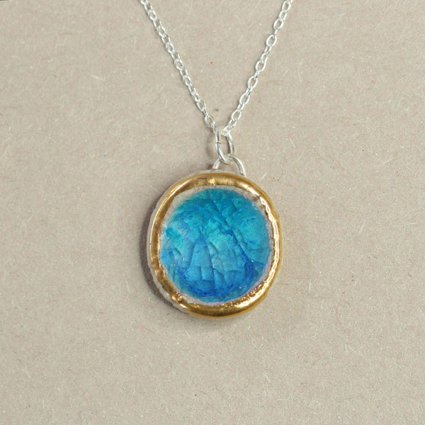 Round Turquoise Blue Lagoon Sterling Silver Pendant Large - Habulous