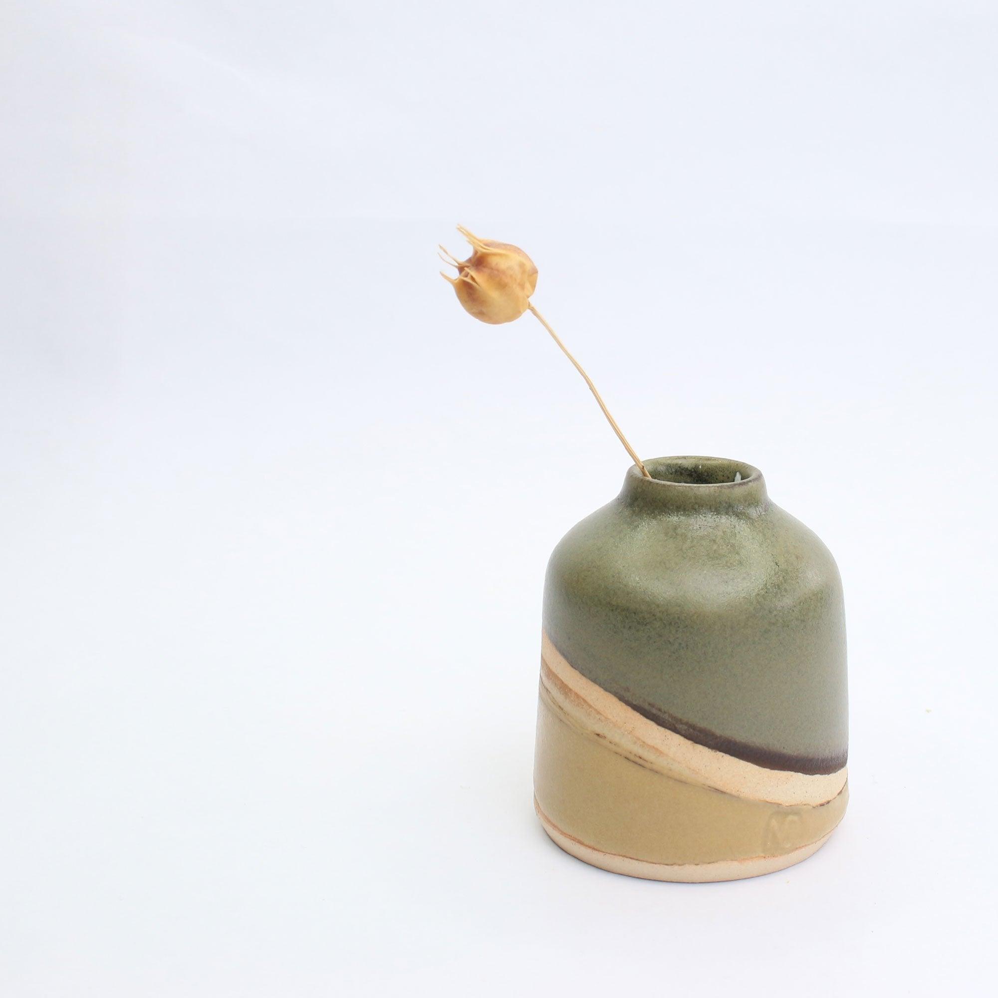 Close up of Mini Vase with a dried seed head in