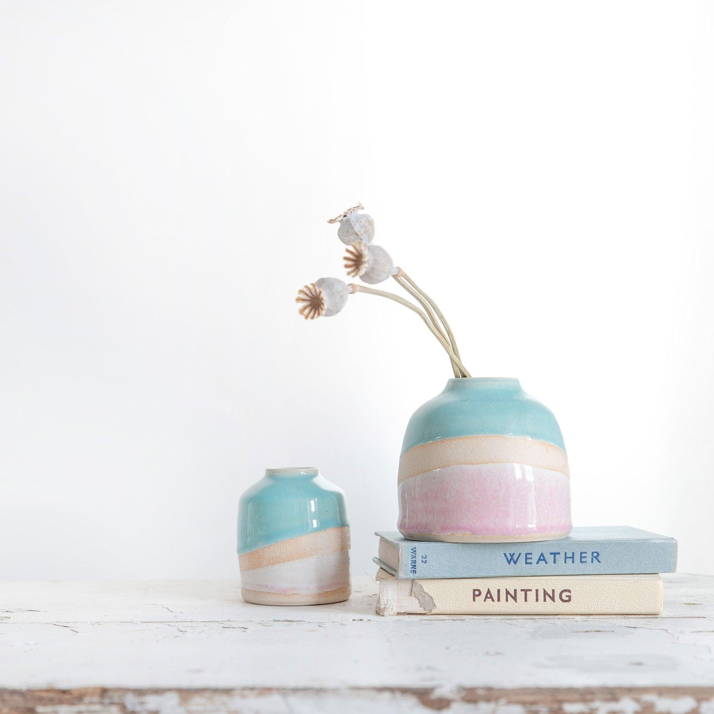 Mini Shoreline dome vase filled with three dried poppy head stems on a couple of pastel vintage books, a mini shoreline vase sits to the left.Shoreline - Habulous